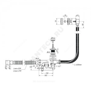Слив-перелив для ванны регулируемый полуавтоматический (тросик) 1 1/2"x40 с гофрой 40х40/50 слив клапан, пробка D=45мм Орио А-27089