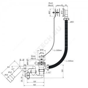 Слив-перелив для ванны регулируемый с пробкой на цепочке 1 1/2"x40 с переходной трубкой 45гр. 40/50 выпуск с нержавеющей решёткой D=70мм Орио А-80087