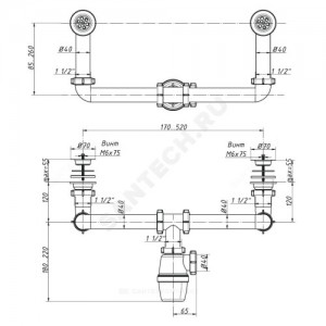 Сифон для кухонной мойки с двумя чашами бутылочный 1 1/2"x40 со смещенным сливом выпуск с нержавеющей решёткой D=70мм Орио К-4309