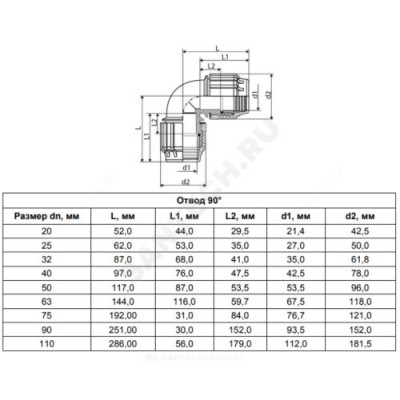 Отвод компрессионный ПЭ Дн 20х90гр ТПК-АКВА 50040020/