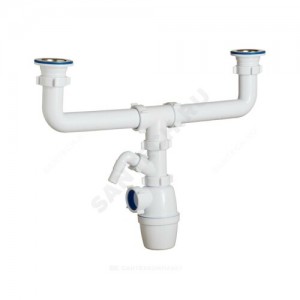 Сифон для кухонной мойки с двумя чашами бутылочный 1 1/2"x40 с отводом (штуцером) выпуск с нержавеющей решёткой D=70мм Орио К-4059