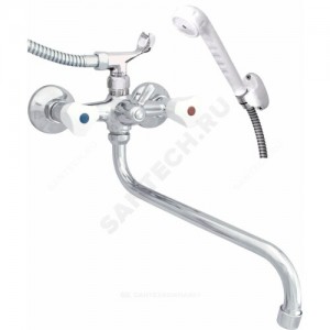 Смеситель для ванны с душем серия ЭКО ЦС-СМ 500/5-3 Пл. Бел маховик двуручный круглый излив, душевой шланг н/ж сталь, белая пластиковая лейка и кронштейн Центр Сантехники (Подольск) ЭМ900702