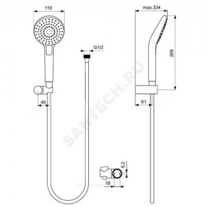 Гарнитур душевой серия IDEALRAIN EVO ROUND L3 держатель+шланг+лейка 3 режима струи Ideal Standard B2239AA