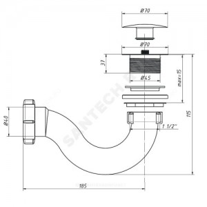 Сифон для поддона трубный 1 1/2"x40 слив клапан "клик-клак" (грибок), пробка D=70мм Орио А-2058