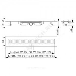 Лоток душевой с гидрозатвором Дн 40 без решетки 1150х60 горизонтальный выпуск Alca Plast APZ101-1150