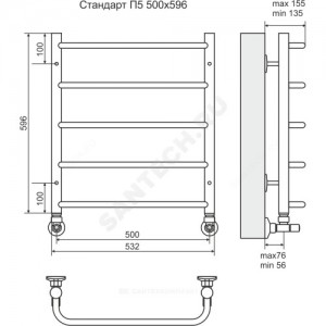 Полотенцесушитель водяной нерж сталь Лесенка Ду 25 (1/2") ВР 207 Вт 500х596мм 5П нижнее подключение Стандарт Терминус 4670030725295