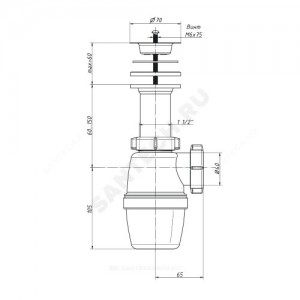 Сифон для умывальника/мойки бутылочный 1 1/2"x40 литой выпуск с нержавеющей решёткой D=70мм Орио А-4002