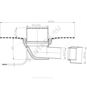 Воронка кровельная HL64.1BH с горизонтальным выпуском PP Дн 75/110 с трапом, электрообогревом, теплоизоляцией, гидроизоляционным полимербитумным полотном HL HL64.1BH