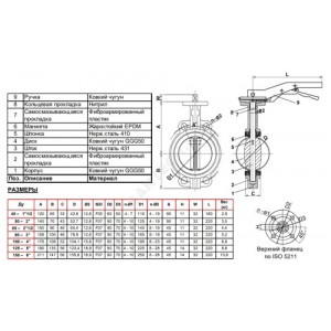 Затвор дисковый поворотный чугун VP4458-02EP Ду 100 Ру25 межфл с рукояткой диск чугун манжета EPDM Tecofi VP4458-02EP0100