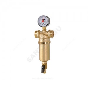 Фильтр сетчатый T-образный латунь Ду 15x20 Ру25 G1/2"х3/4" НР 750 с обратной промывкой и манометром Icma 83750AD05