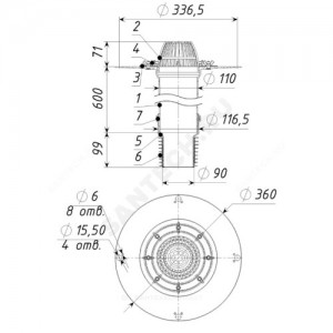 Воронка кровельная с вертикальным выпуском PP Дн 90/110 с листвоуловителем, прижимным фланцем из нержавеющей стали Татполимер ТП-07.100/6