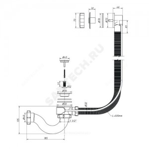 Слив-перелив для ванны трубный полуавтоматический (тросик) 1 1/2"x40 слив клапан, пробка D=45мм Орио А-2408
