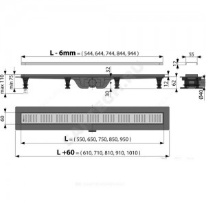 Лоток душевой с гидрозатвором+механический сухой затвор Дн 40 с нержавеющей решеткой 850х60 горизонтальный выпуск Alca Plast APZ8-850M