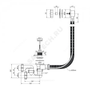 Слив-перелив для ванны регулируемый полуавтоматический (тросик) 1 1/2"x40 слив клапан, пробка D=45мм Орио А-2708