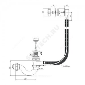 Слив-перелив для ванны трубный полуавтоматический (тросик) 1 1/2"x40 слив клапан, пробка D=45мм Орио А-2308