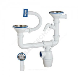 Сифон для кухонной мойки с двумя чашами бутылочный с гибким переливом 3 1/2"x40 с отводом (штуцером) выпуск с нержавеющей решёткой D=114мм Орио К-40093