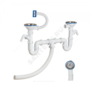 Сифон для кухонной мойки с двумя чашами трубный с гибким переливом 3 1/2"x40 с гофрой D=40мм с 2-мя отводами (штуцерами) выпуск с нержавеющей решёткой D=114мм Орио S-41542