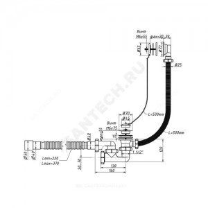 Слив-перелив для ванны регулируемый с пробкой на цепочке 1 1/2"x40 с гофрой 40х40/50 выпуск с нержавеющей решёткой D=70мм Орио А-80089