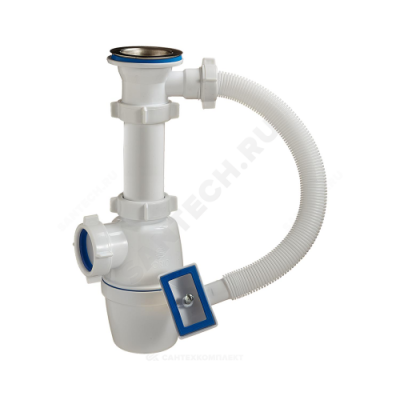 Сифон для кухонной мойки бутылочный с гибким переливом 1 1/2"x40 выпуск с нержавеющей решёткой D=70мм Орио А-4004