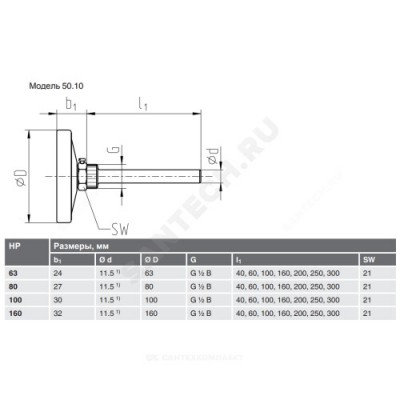Термометр биметаллический осевой Дк100 L=40мм G1/2" 120С A50.10 Wika 36586397