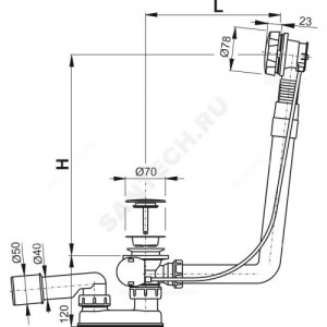 Слив-перелив для ванны плоский полуавтоматический (тросик) 1 1/2"x40 с переходной трубкой 10гр. 40/50 слив клапан, пробка D=70мм Alca Plast A550KM-120